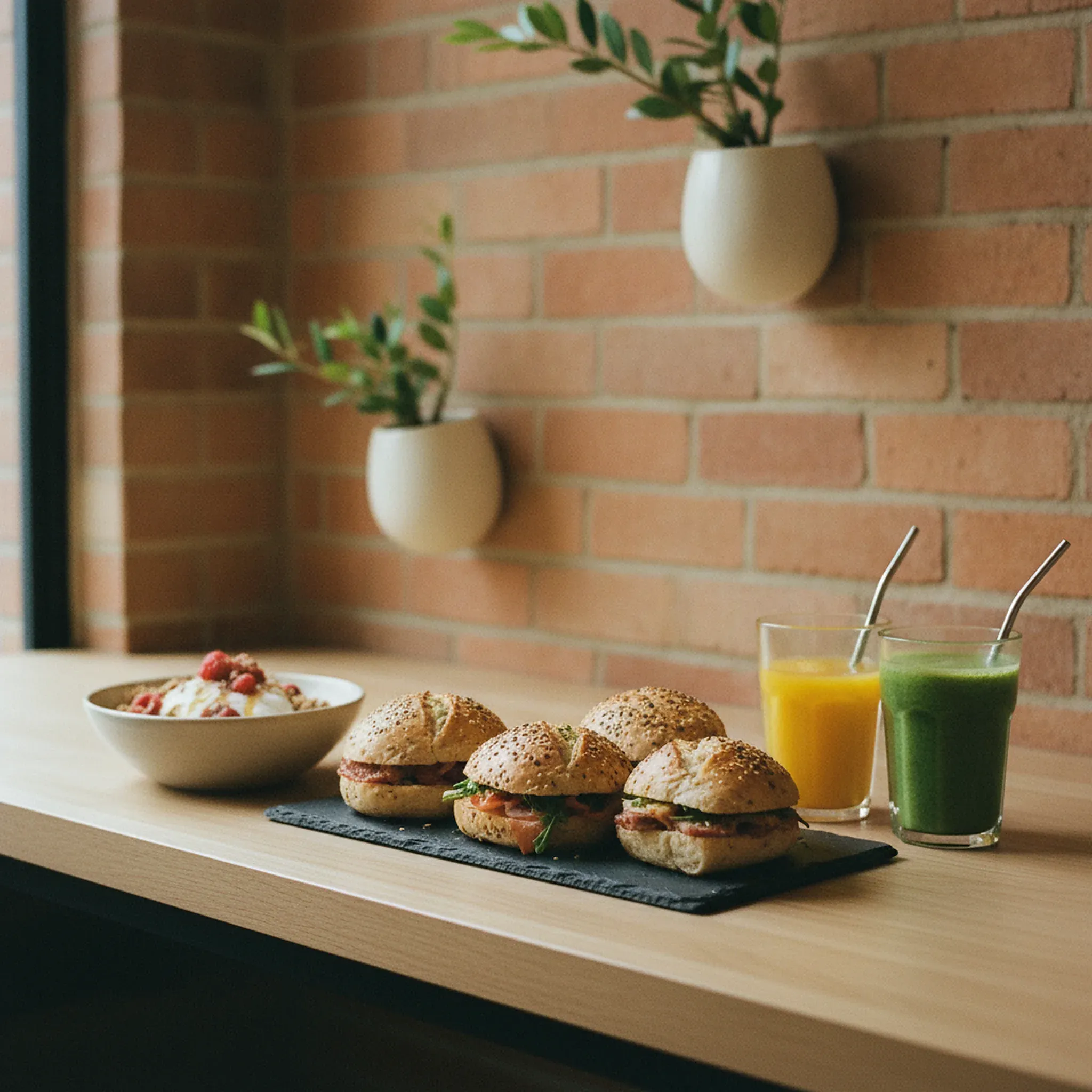 Sandwiches, Granola-Bowl und frische Säfte auf einer Holztheke